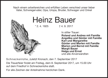 Traueranzeige von Heinz Bauer von Neue Presse Coburg