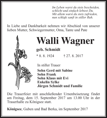 Traueranzeige von Walli Wagner von Südthüringer Presse
