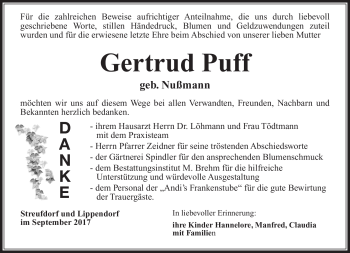 Traueranzeige von Gertrud Puff von Südthüringer Presse