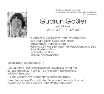 Traueranzeige von Gudrun Goßler von Frankenpost
