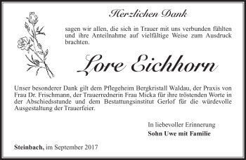 Traueranzeige von Lore Eichhorn von Südthüringer Presse
