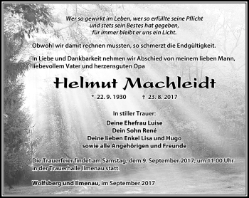 Traueranzeige von Helmut Machleidt von Südthüringer Presse