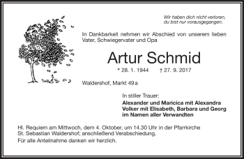 Traueranzeige von Artur Schmid von Frankenpost