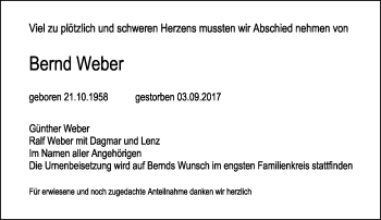 Traueranzeige von Bernd Weber von Neue Presse Coburg