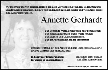 Traueranzeige von Annette Gerhardt von Südthüringer Presse