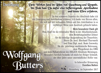 Traueranzeige von Wolfgang Butters von Südthüringer Presse