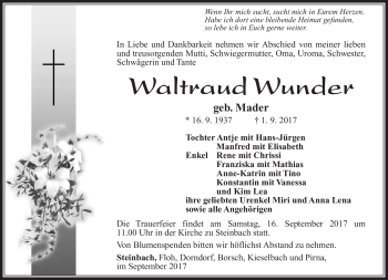Traueranzeige von Waltraud Wunder von Südthüringer Presse