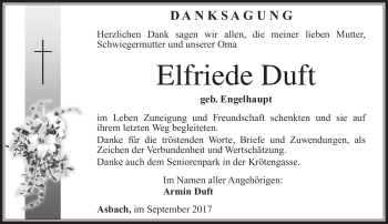 Traueranzeige von Elfriede Duft von Südthüringer Presse