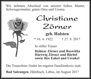 Traueranzeige von Christiane Zörner von Südthüringer Presse