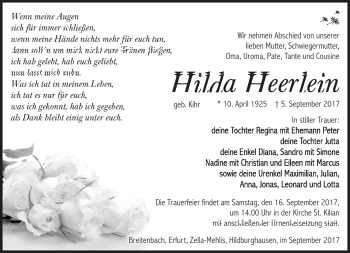 Traueranzeige von Hilda Heerlein von Südthüringer Presse