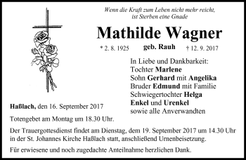 Traueranzeige von Mathilde Wagner von Neue Presse Coburg