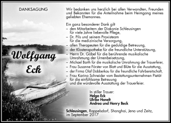 Traueranzeige von Wolfgang Eck von Südthüringer Presse