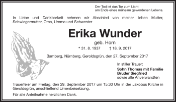 Traueranzeige von Erika Wunder von Frankenpost