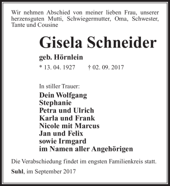 Traueranzeige von Gisela Schneider von Südthüringer Presse