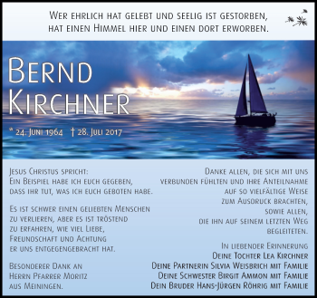 Traueranzeige von Bernd Kirchner von Südthüringer Presse