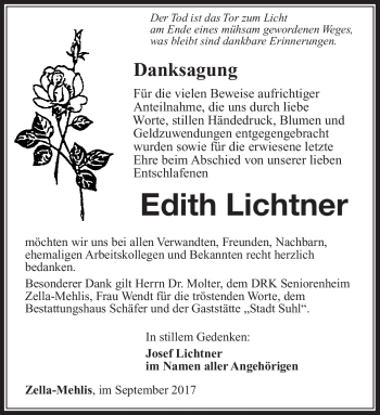 Traueranzeige von Edith Lichtner von Südthüringer Presse