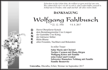 Traueranzeige von Wolfgang Fahlbusch von Südthüringer Presse