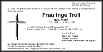 Traueranzeige von Inge Troll von Frankenpost