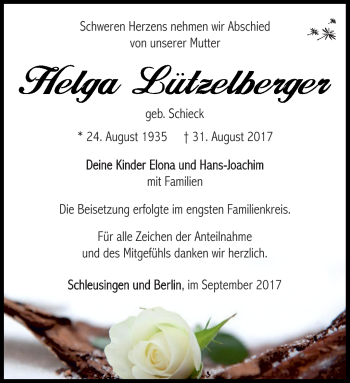 Traueranzeige von Helga Lützelberger von Südthüringer Presse