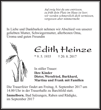 Traueranzeige von Edith Heinze von Südthüringer Presse