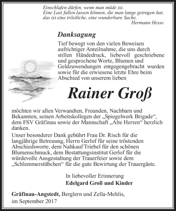 Traueranzeige von Rainer Groß von Südthüringer Presse