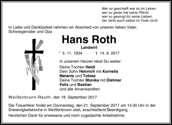 Traueranzeige von Hans Roth von Neue Presse Coburg