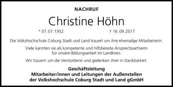 Traueranzeige von Christine Höhn von Neue Presse Coburg