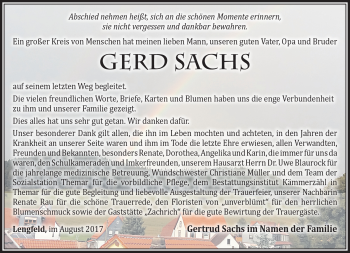Traueranzeige von Gerd Sachs von Südthüringer Presse