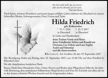 Traueranzeige von Hilda Friedrich von Neue Presse Coburg
