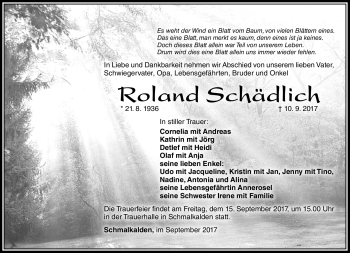 Traueranzeige von Roland Schädlich von Südthüringer Presse