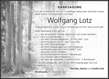 Traueranzeige von Wolfgang Lots von Südthüringer Presse