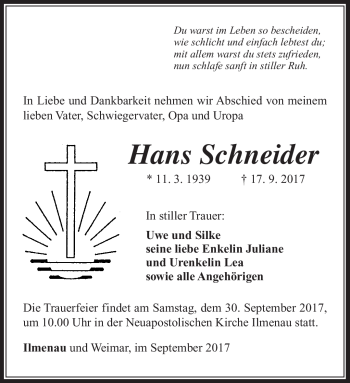 Traueranzeige von Hans Schneider von Südthüringer Presse
