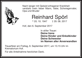 Traueranzeige von Reinhard Spörl von Frankenpost