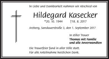 Traueranzeige von Hildegard Kasecker von Frankenpost