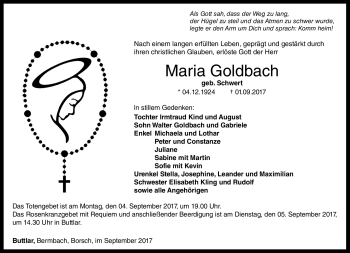 Traueranzeige von Maria Goldbach von Südthüringer Presse