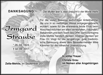 Traueranzeige von Irmgard Straube von Südthüringer Presse
