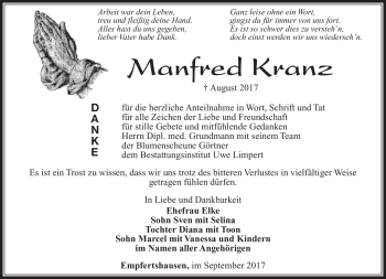 Traueranzeige von manfred Kranz von Südthüringer Presse