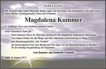 Traueranzeige von Magdalena Kummer von Südthüringer Presse