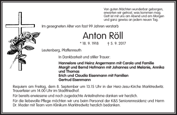 Traueranzeige von Anton Röll von Frankenpost