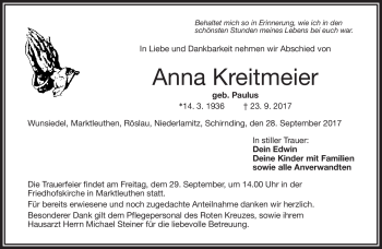 Traueranzeige von Anna Kreitmeier von Frankenpost