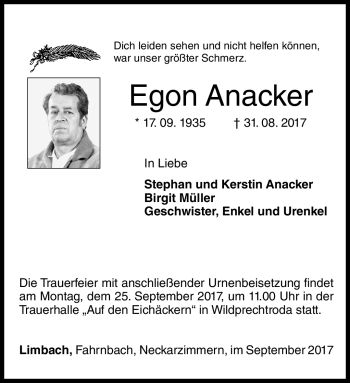 Traueranzeige von Egon Anacker von Südthüringer Presse