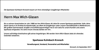 Traueranzeige von Max Wich-Glasen von Frankenpost
