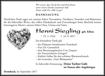 Traueranzeige von Henni Siegling von Südthüringer Presse