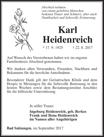 Traueranzeige von Karl Heidenreich von Südthüringer Presse