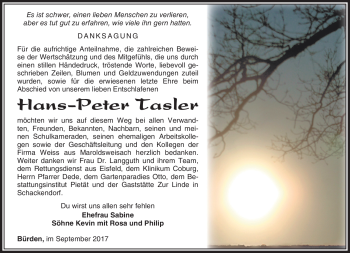 Traueranzeige von Hans-Peter Tasler von Südthüringer Presse