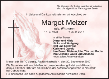Traueranzeige von Margot Melzer von Neue Presse Coburg