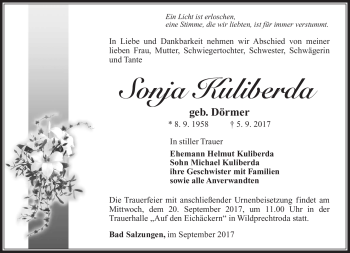 Traueranzeige von Sonja Kuliberda von Südthüringer Presse