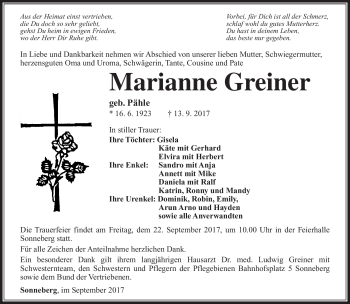 Traueranzeige von Marianne Greiner von Südthüringer Presse