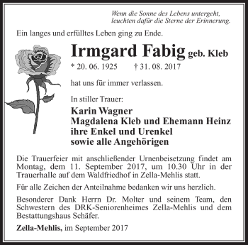 Traueranzeige von Irmgard Fabig von Südthüringer Presse