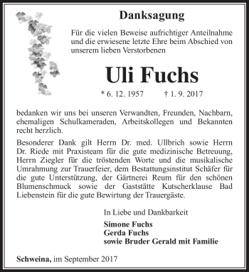 Traueranzeige von Ulrich Fuchs von Südthüringer Presse